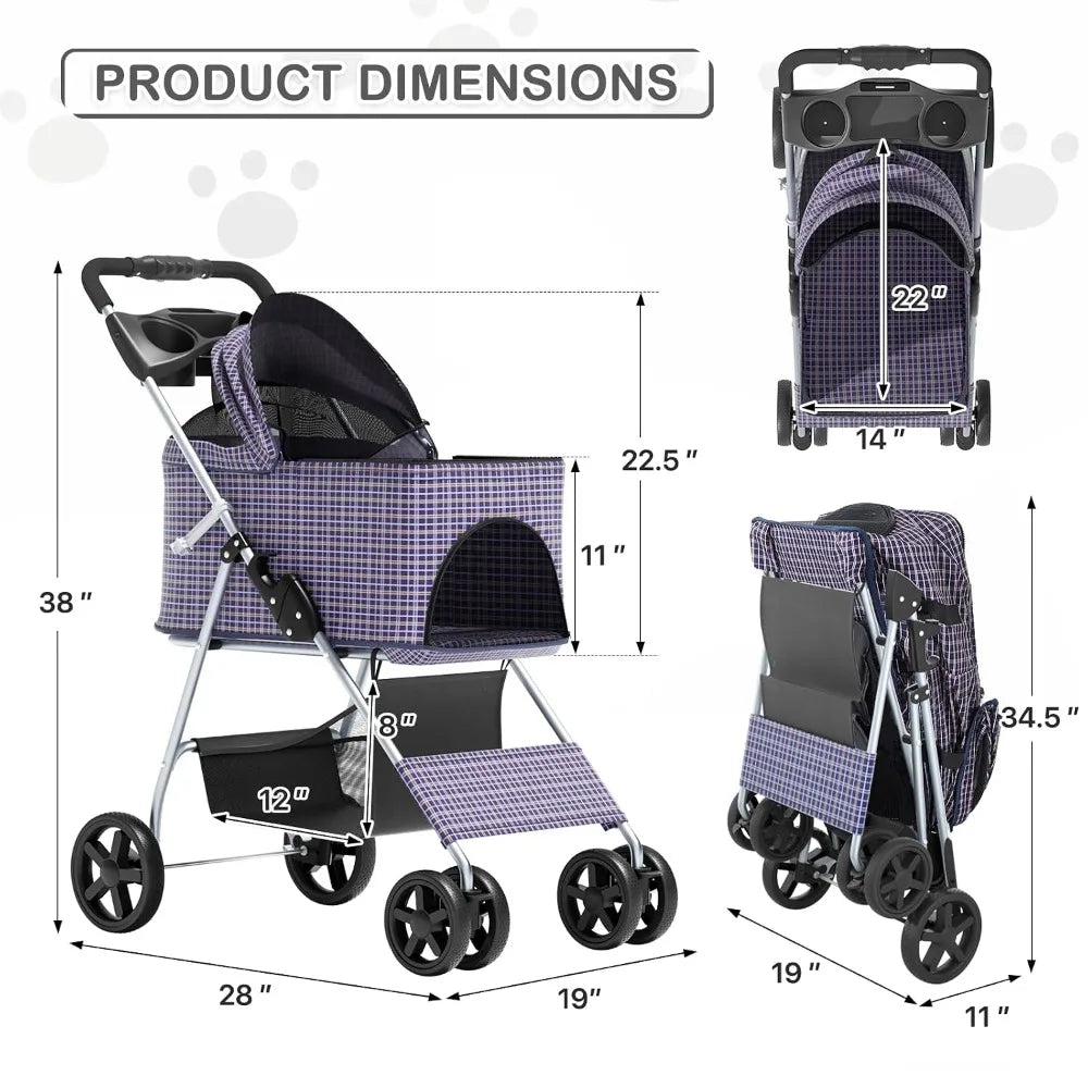 3 In 1 Foldable Pet Stroller With Removable Carrier And Car Seat