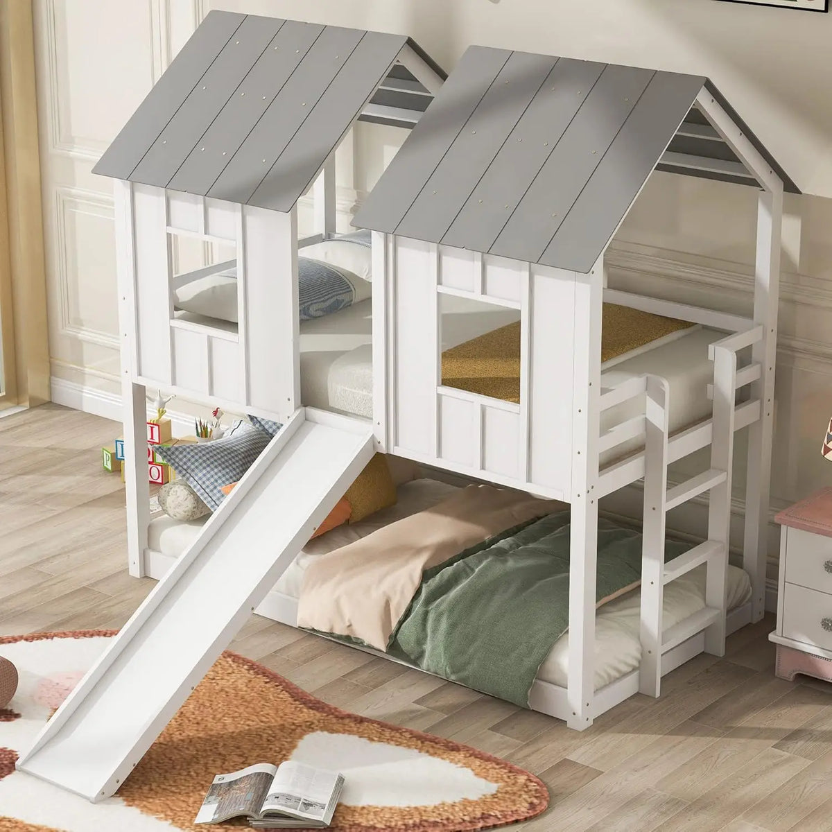 Wooden Bunk Bed With Slide And Guardrails