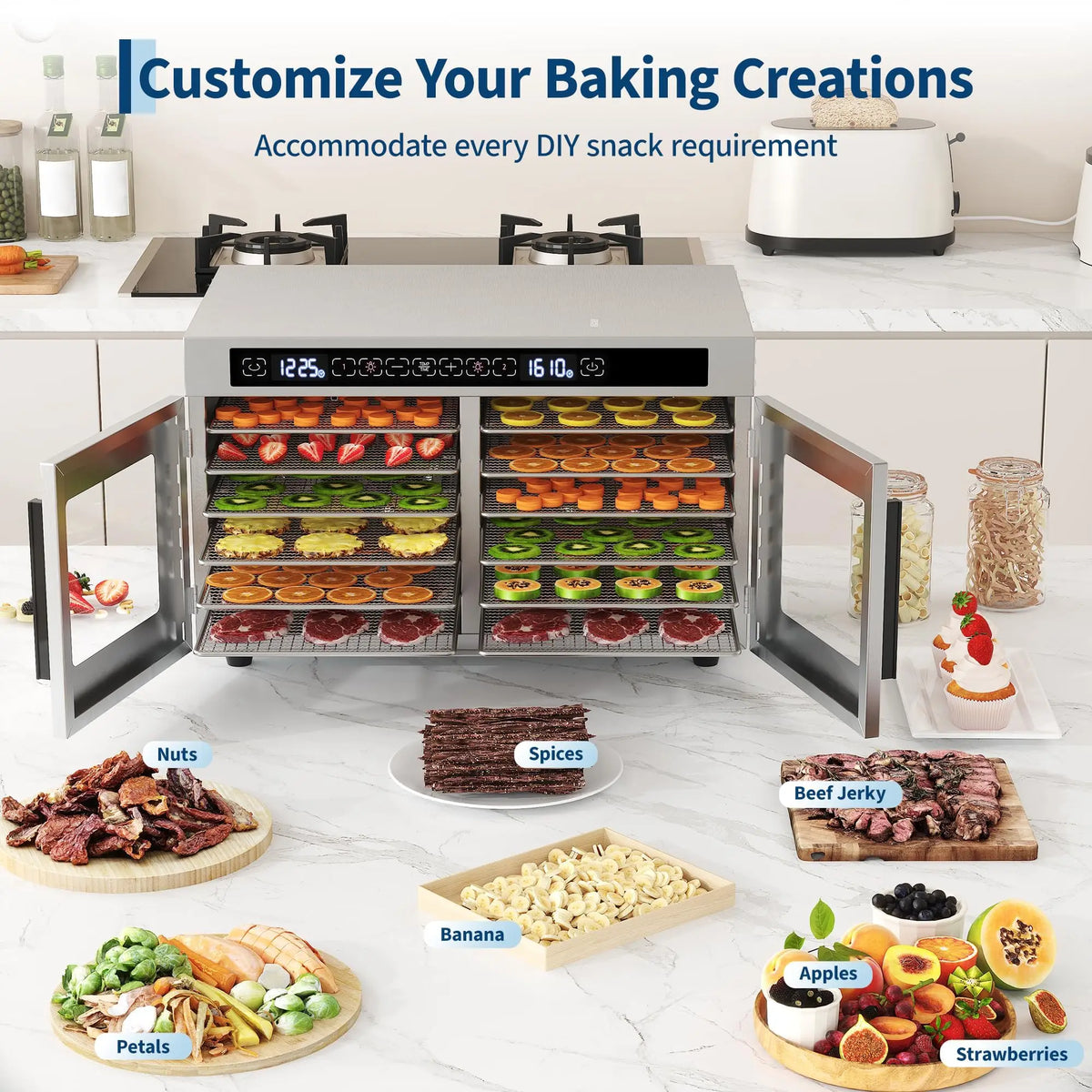 Adoolla Dual Zone Food Dehydrator 12 Tray Stainless Steel Jerky Dryer