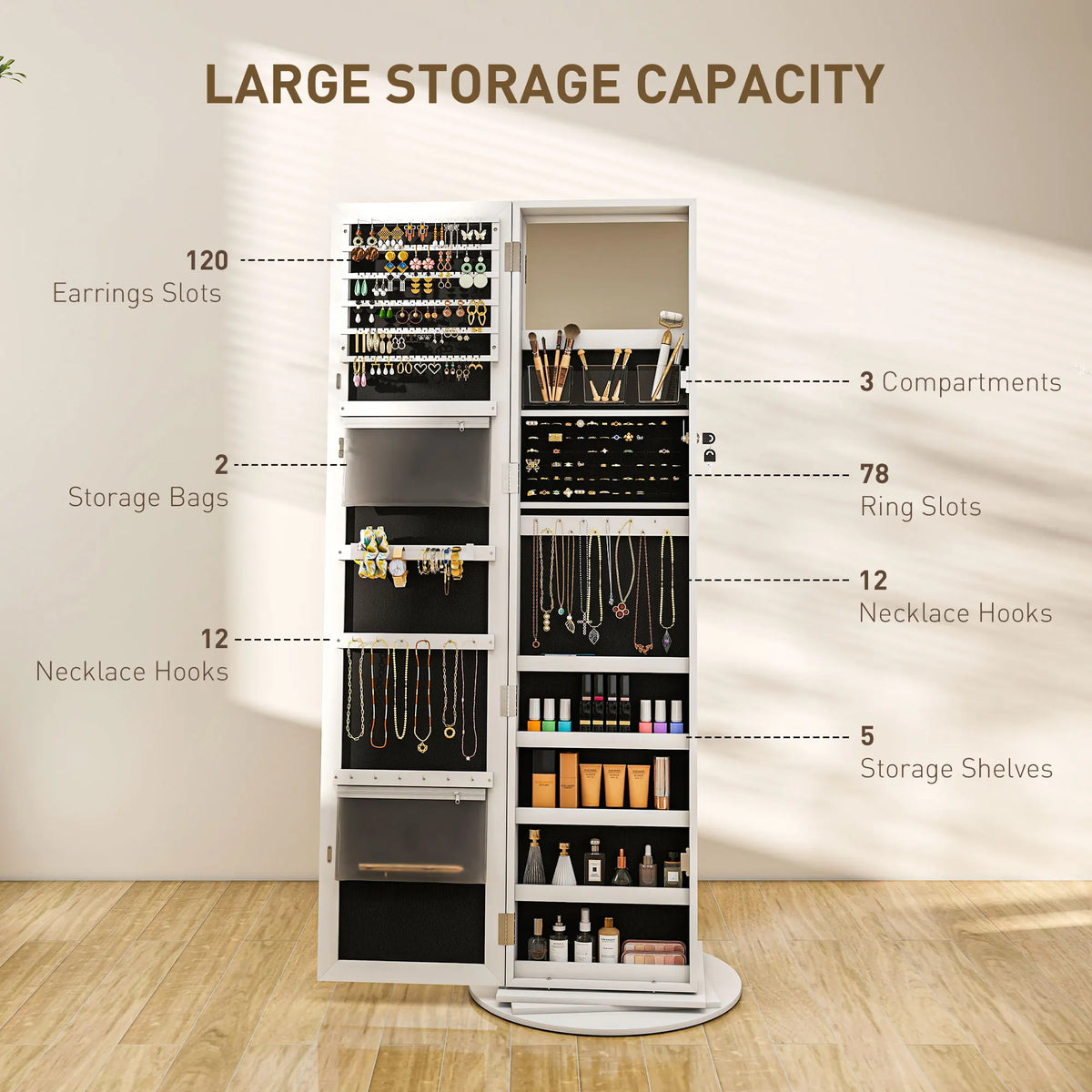 360 Degree Swivel Jewelry Cabinet Armoire With Lockable Full Length Mirror