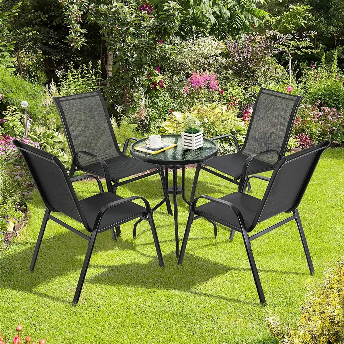 Foldable Garden Chairs Steel Iron Teslin Fabric High Back
