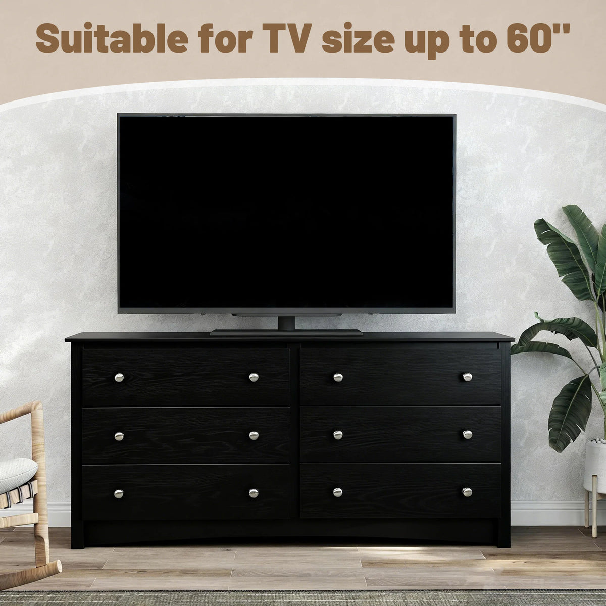 JHK 59IN Wood 6 Dresser Drawers Cabinet for Living Room Stable Structure Storage Wide Chest of Drawers Furniture For Bedroom