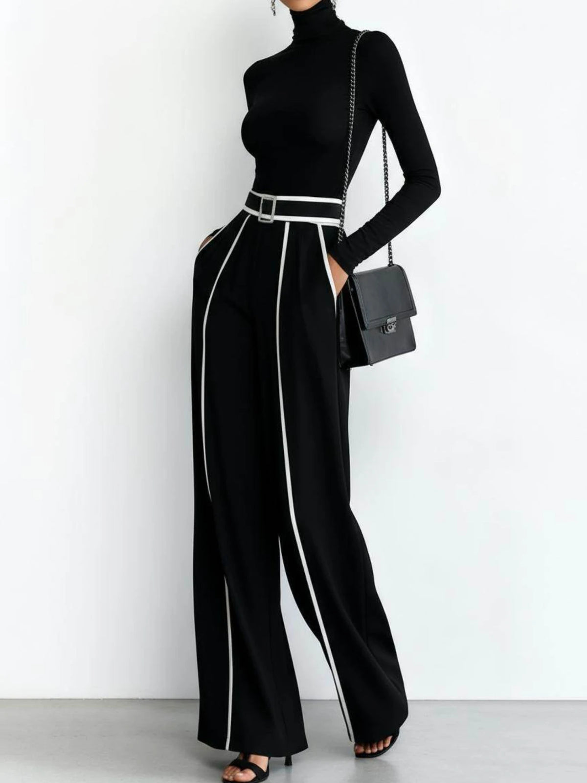 Women Two Piece Set Turtleneck Top Wide Leg Pants