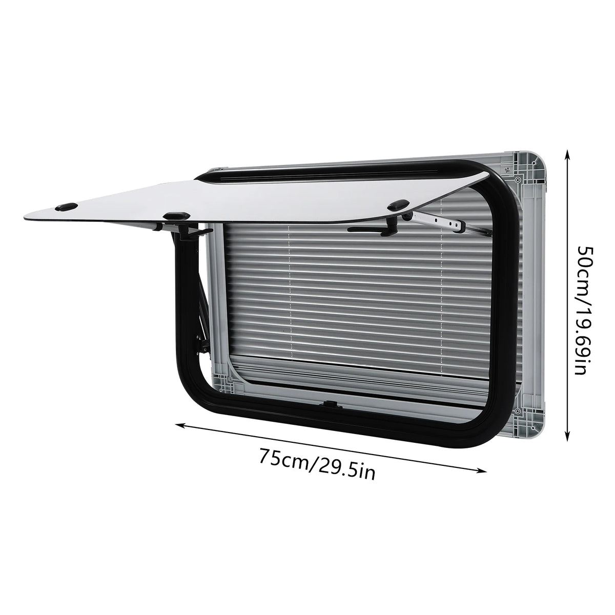 RV Window Hinged With Insect Screen Roller Shade Aluminum Frame