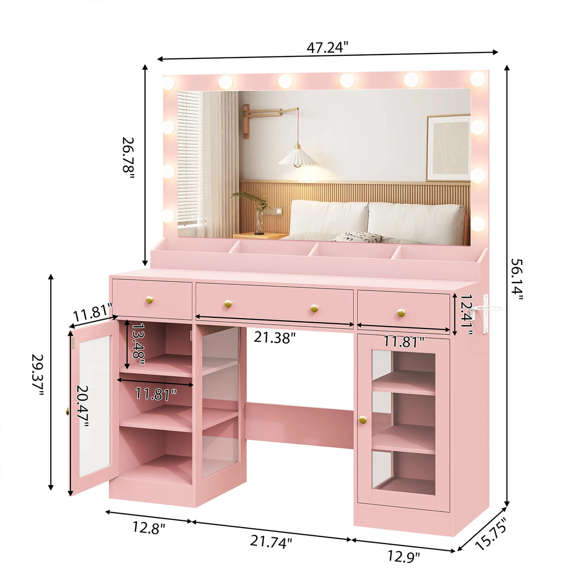 Makeup Vanity With Large Mirror And Lights USB Charging Station