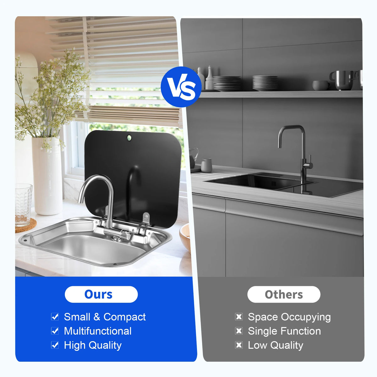 RV Sink With Foldable Tempered Glass Cover And Faucet Stainless Steel Camper Van