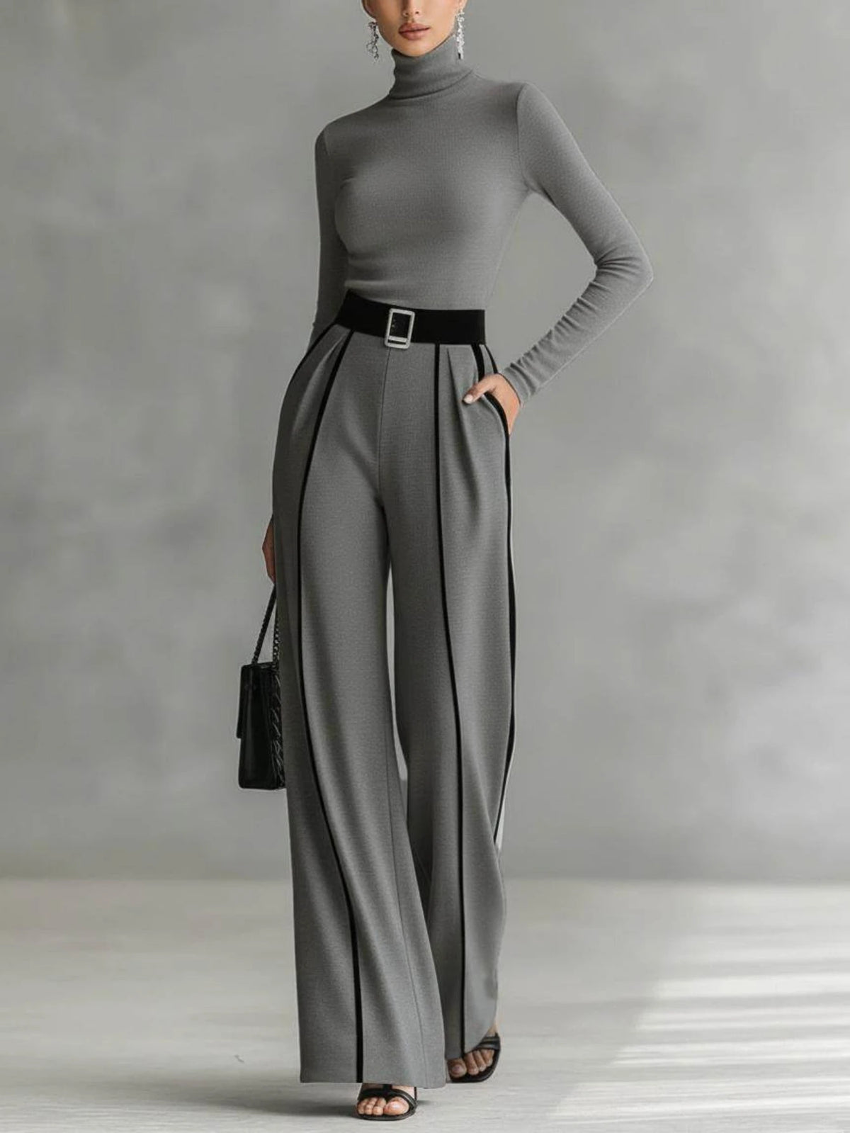 Women Two Piece Set Turtleneck Top Wide Leg Pants