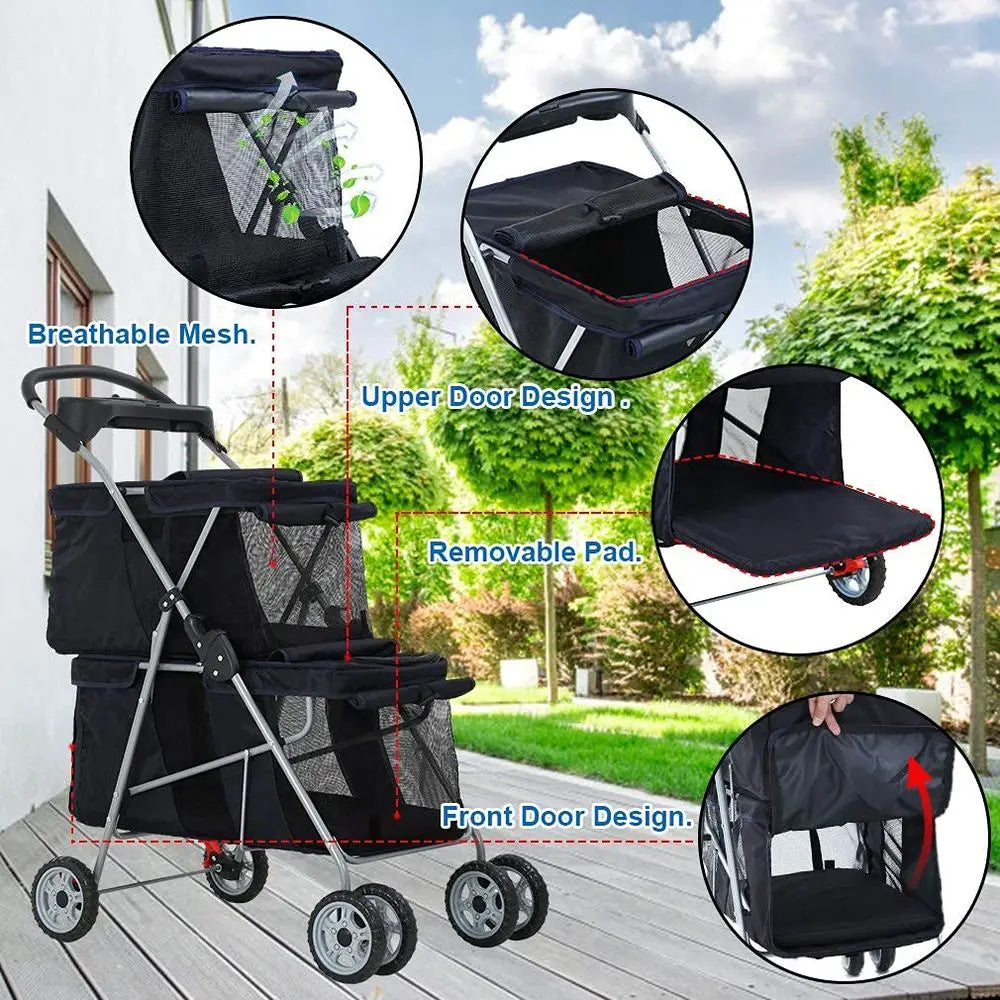 Durable Foldable Double Pet Stroller For Small Medium Dogs And Cats