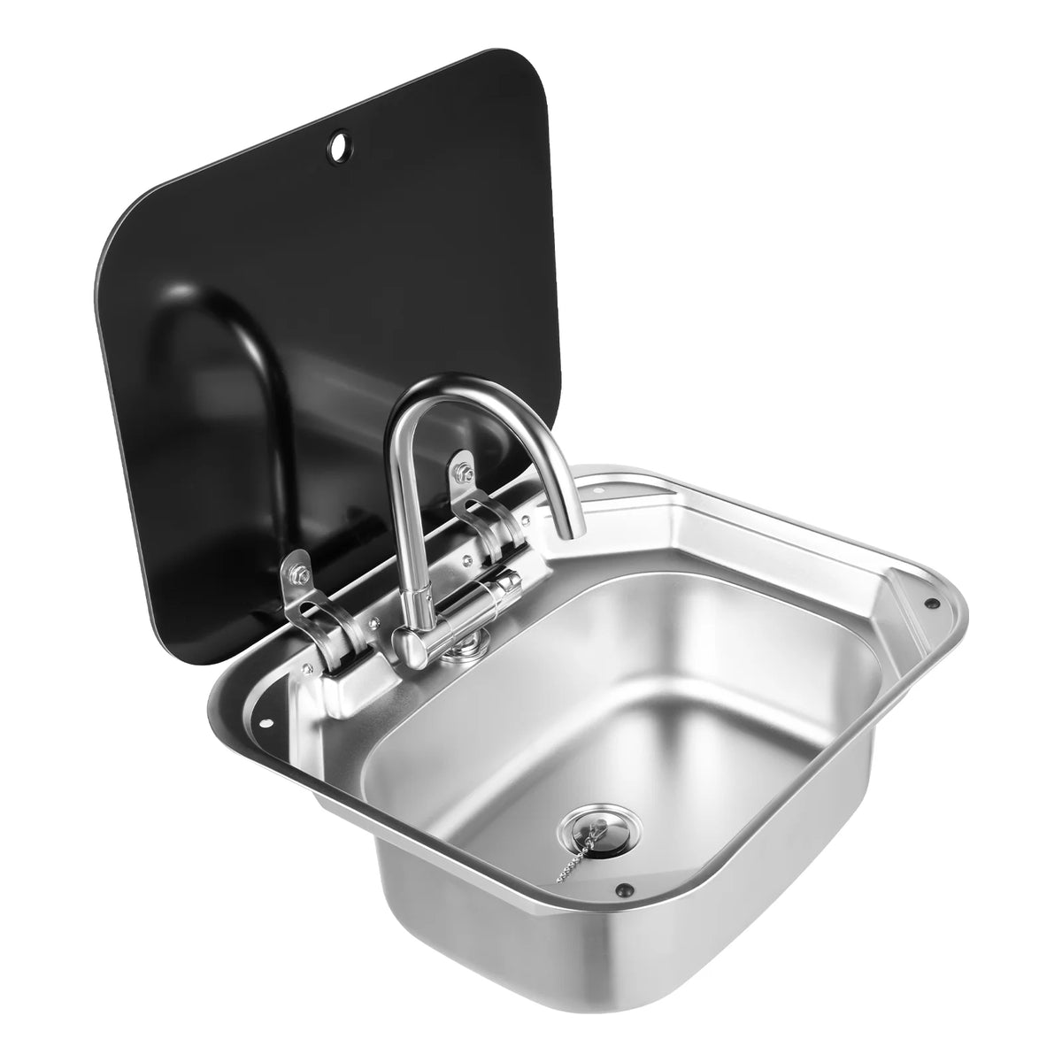 RV Sink With Foldable Tempered Glass Cover And Faucet Stainless Steel Camper Van