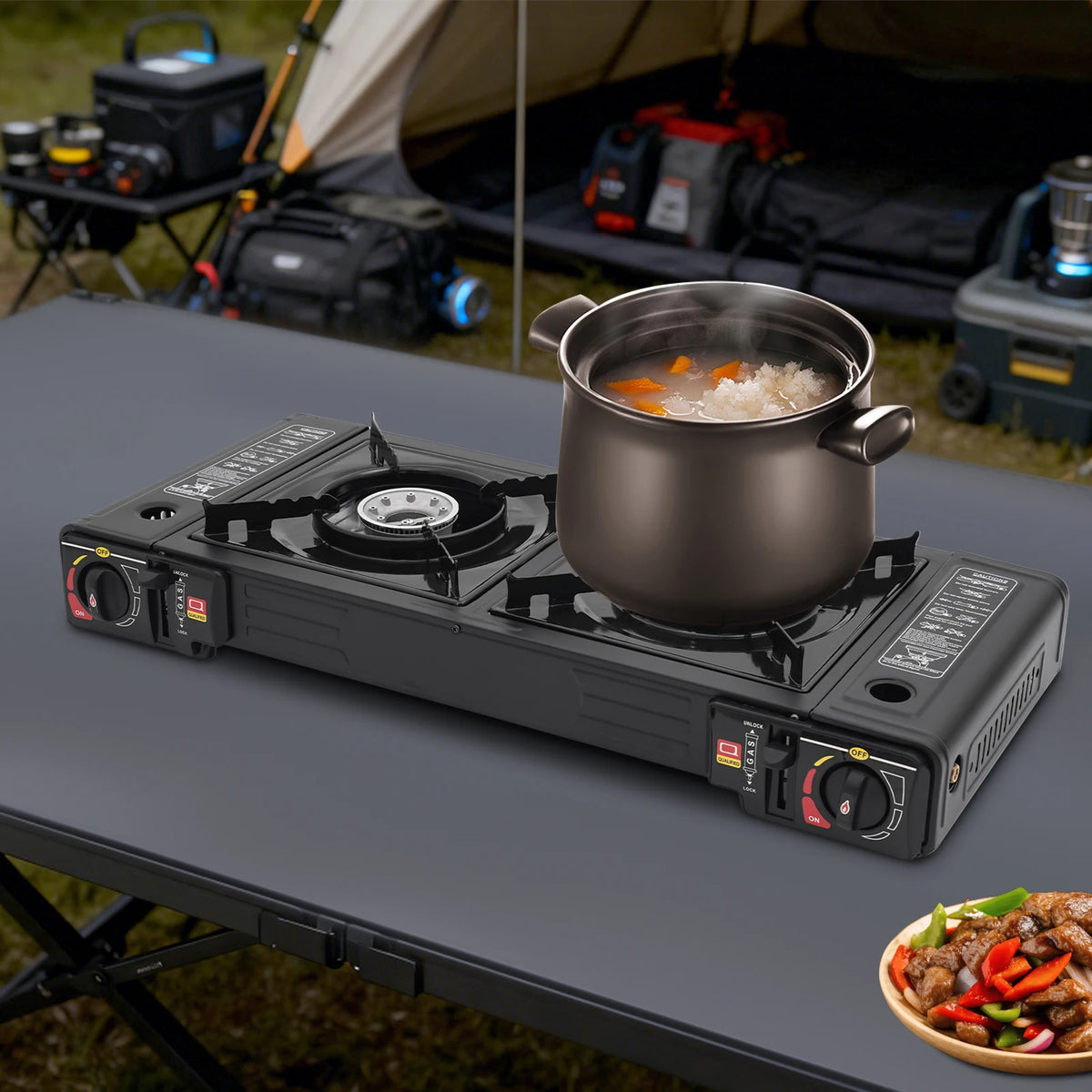 2 Burner Portable Camping Stove With Piezo Ignition For Butane Or LPG