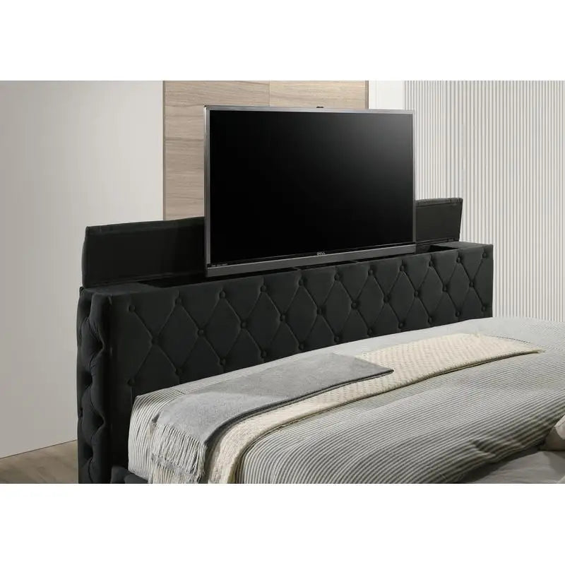 Modern Tufted Velvet Bed With Integrated TV Lift And Storage