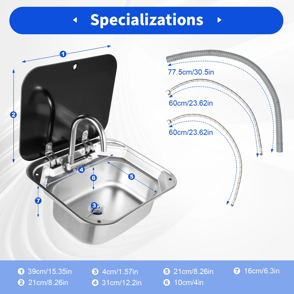 RV Sink With Foldable Tempered Glass Cover And Faucet Stainless Steel Camper Van