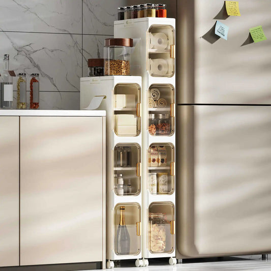 Slim 4-Tier Narrow Plastic Rolling Storage Cabinet With Flip Doors