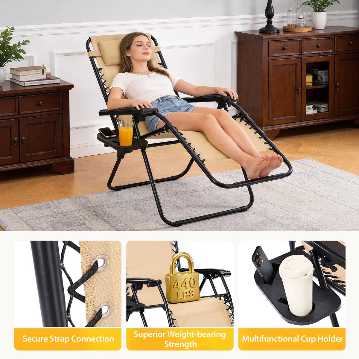 JHK Portable Zero Gravity Recliner Chairs Set Of 2 With Cup Holders Outdoor