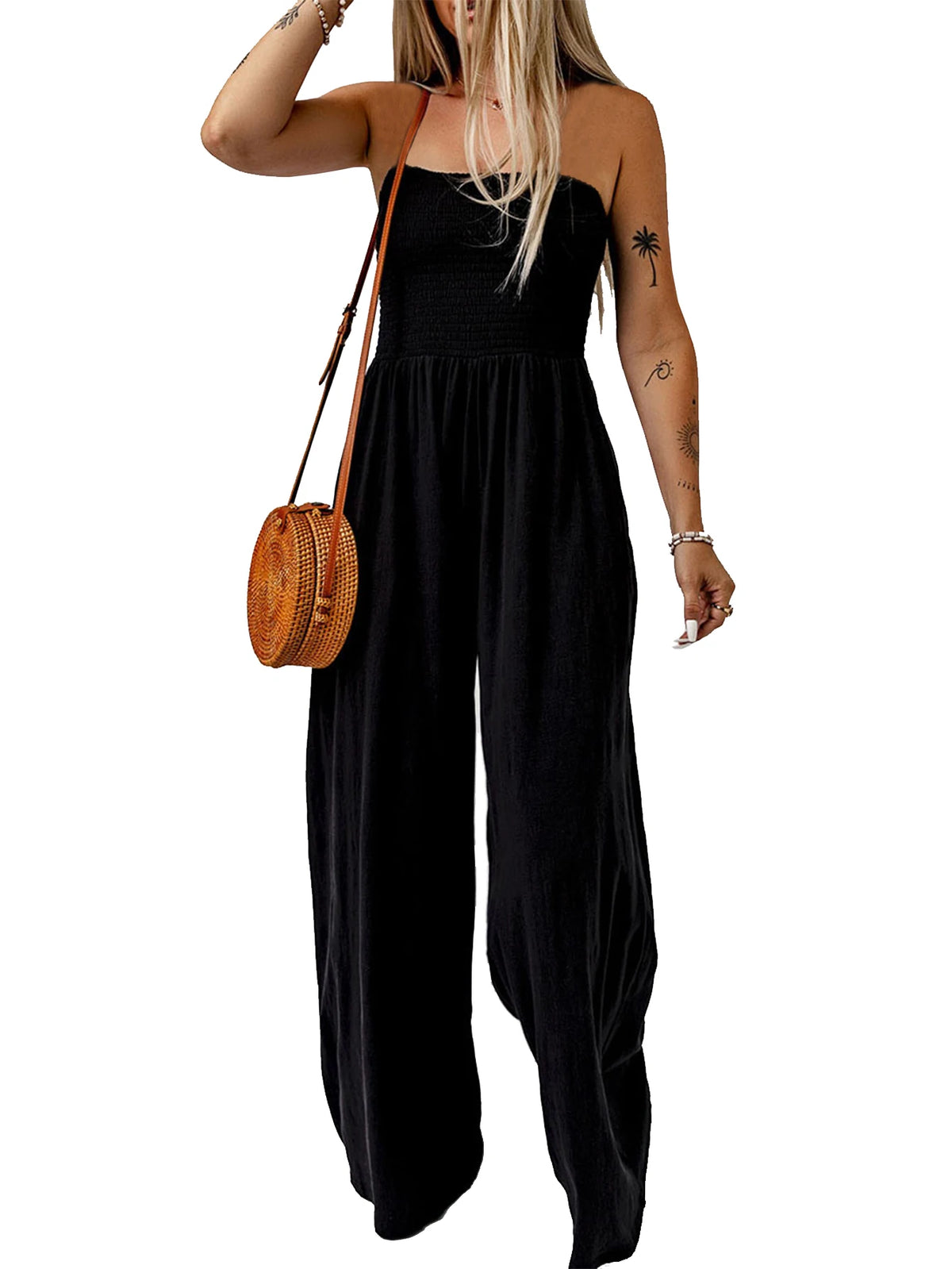 Solid Color Strapless Jumpsuit For Women Casual Polyester Summer Wear
