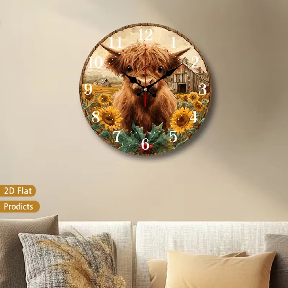 Scottish Highland Cow And Sunflower Rustic Farmhouse Wall Clock Silent