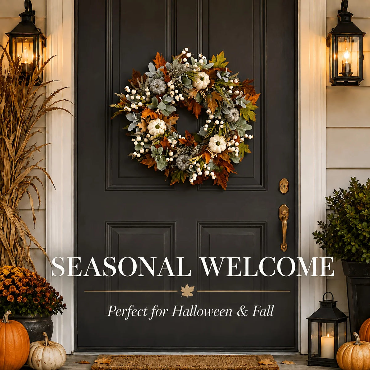 Artificial Peony And Pumpkin Wreath For Front Door Decor