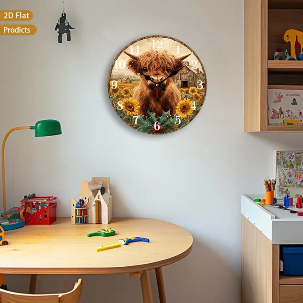 Scottish Highland Cow And Sunflower Rustic Farmhouse Wall Clock Silent