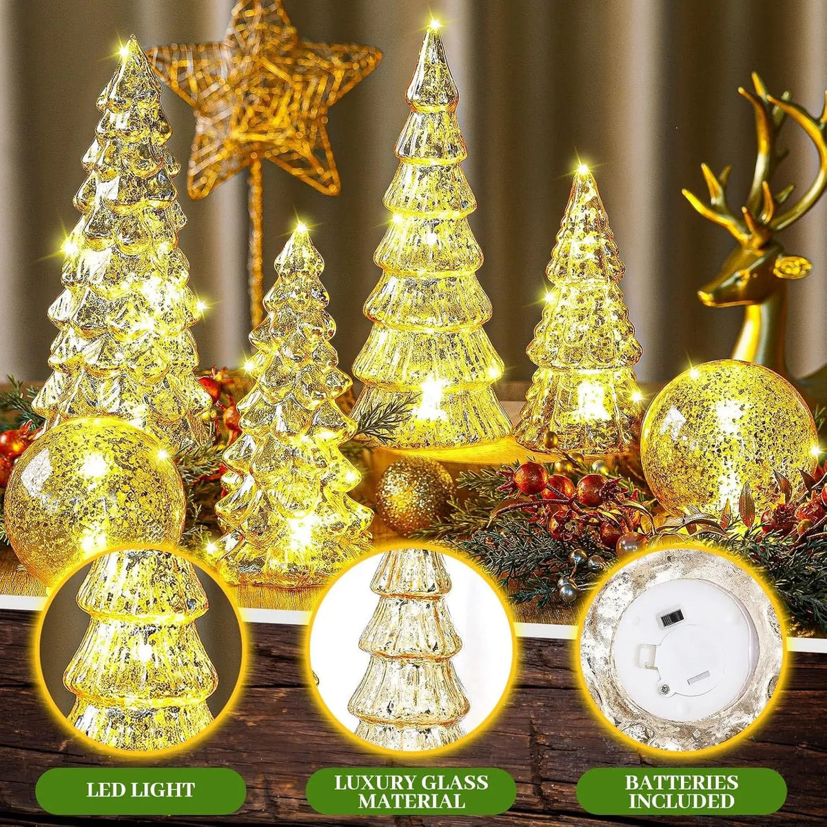 Mercury Glass Christmas Trees Light Up Tabletop Holiday Home Decor