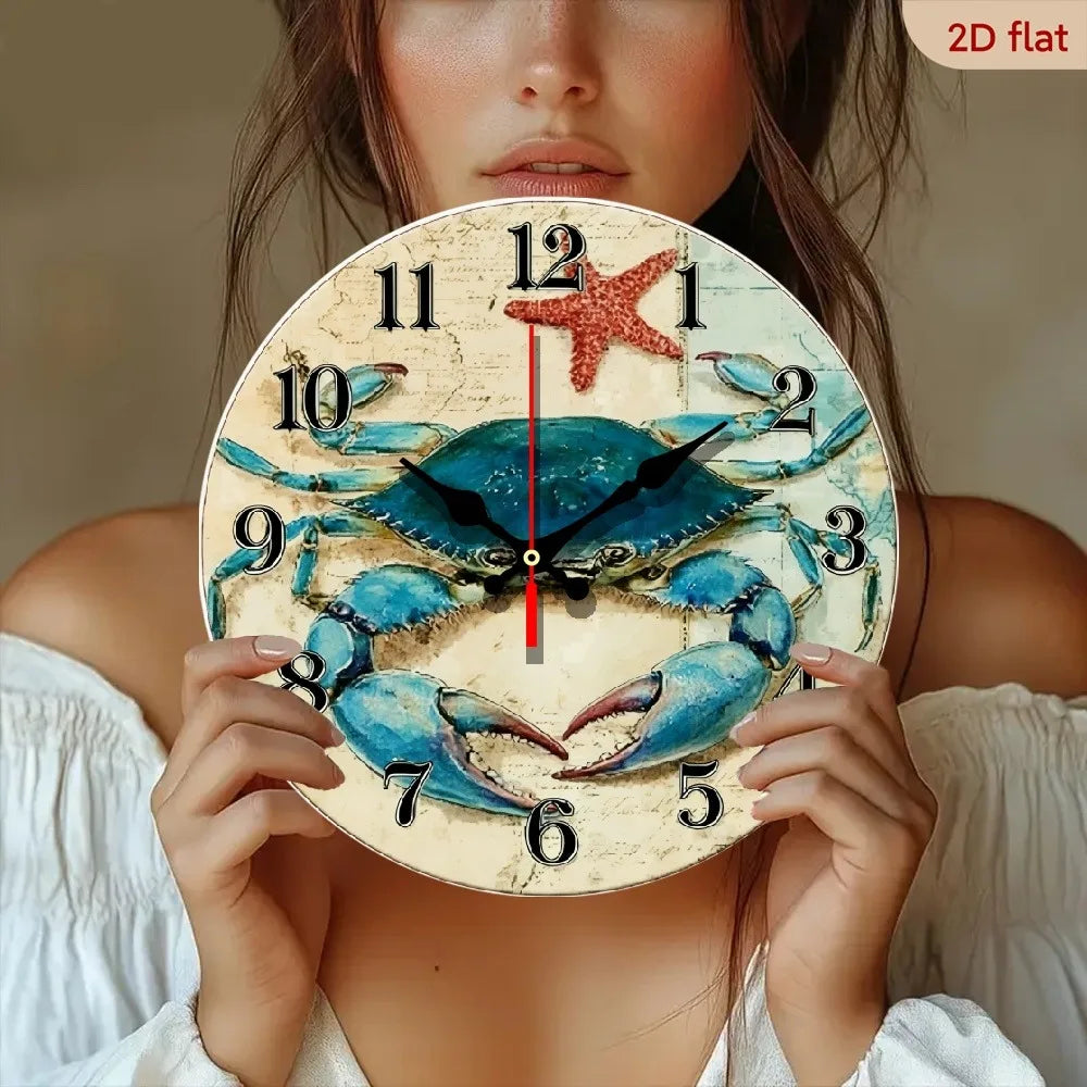 XMSJ Rustic Wooden Crab Wall Clock Silent Battery Operated