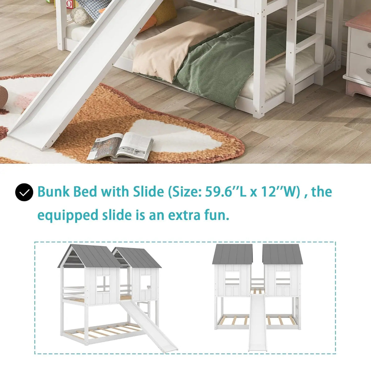 Wooden Bunk Bed With Slide And Guardrails