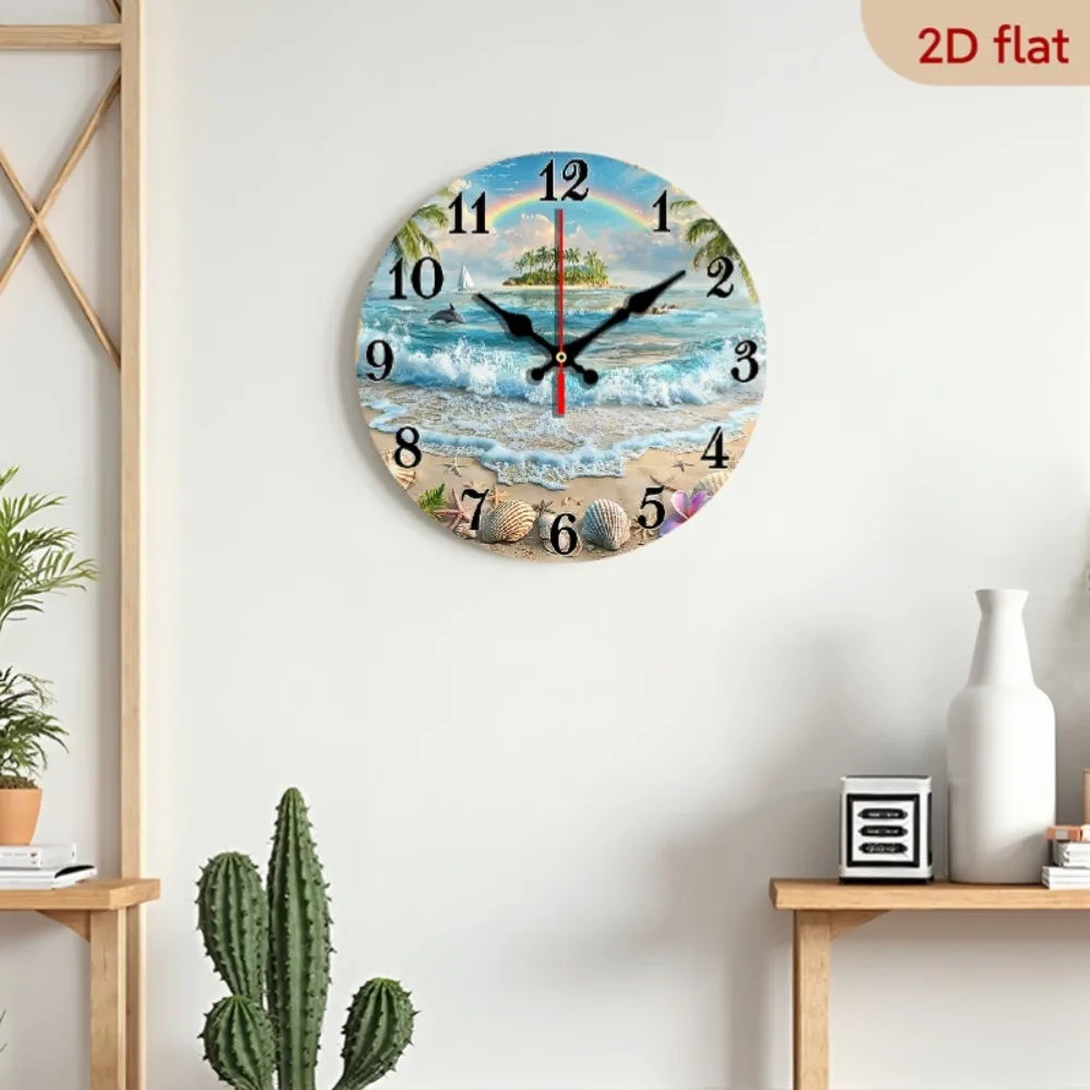 Tropical Beach Ocean Wooden Wall Clock With Rainbow Dolphins Seashells