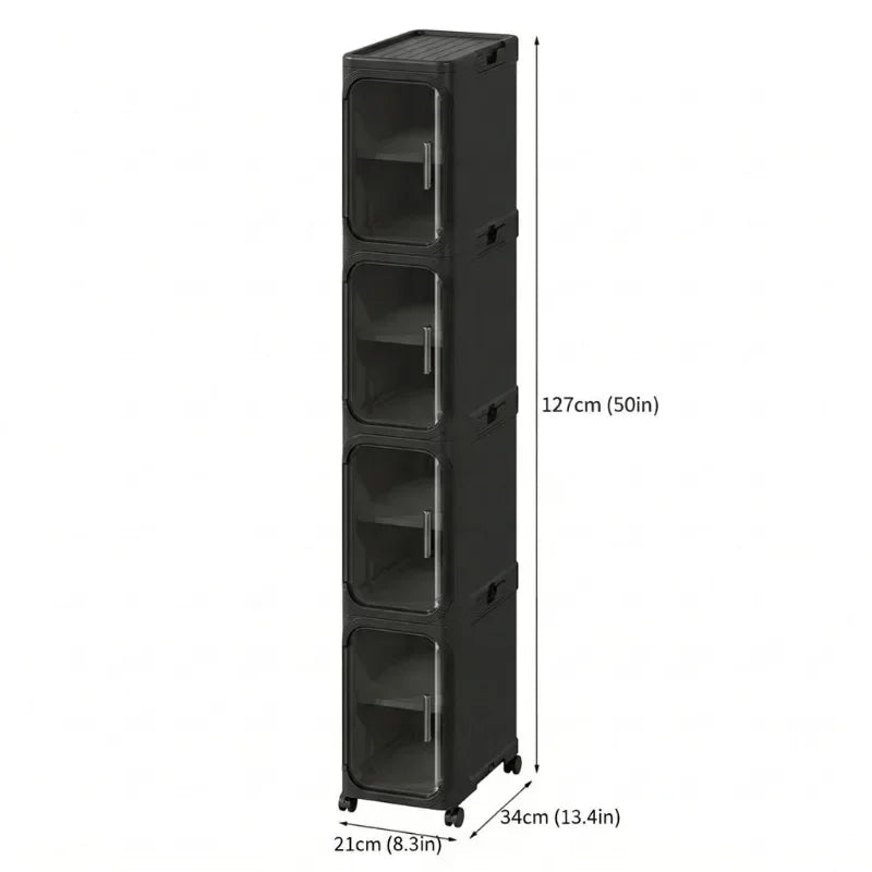 Slim 4-Tier Narrow Plastic Rolling Storage Cabinet With Flip Doors