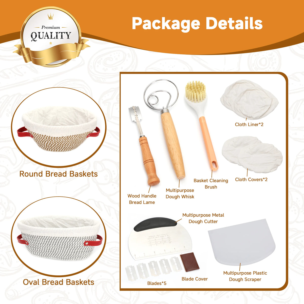 17 Piece Bread Proofing Basket Set With Lame And Whisk