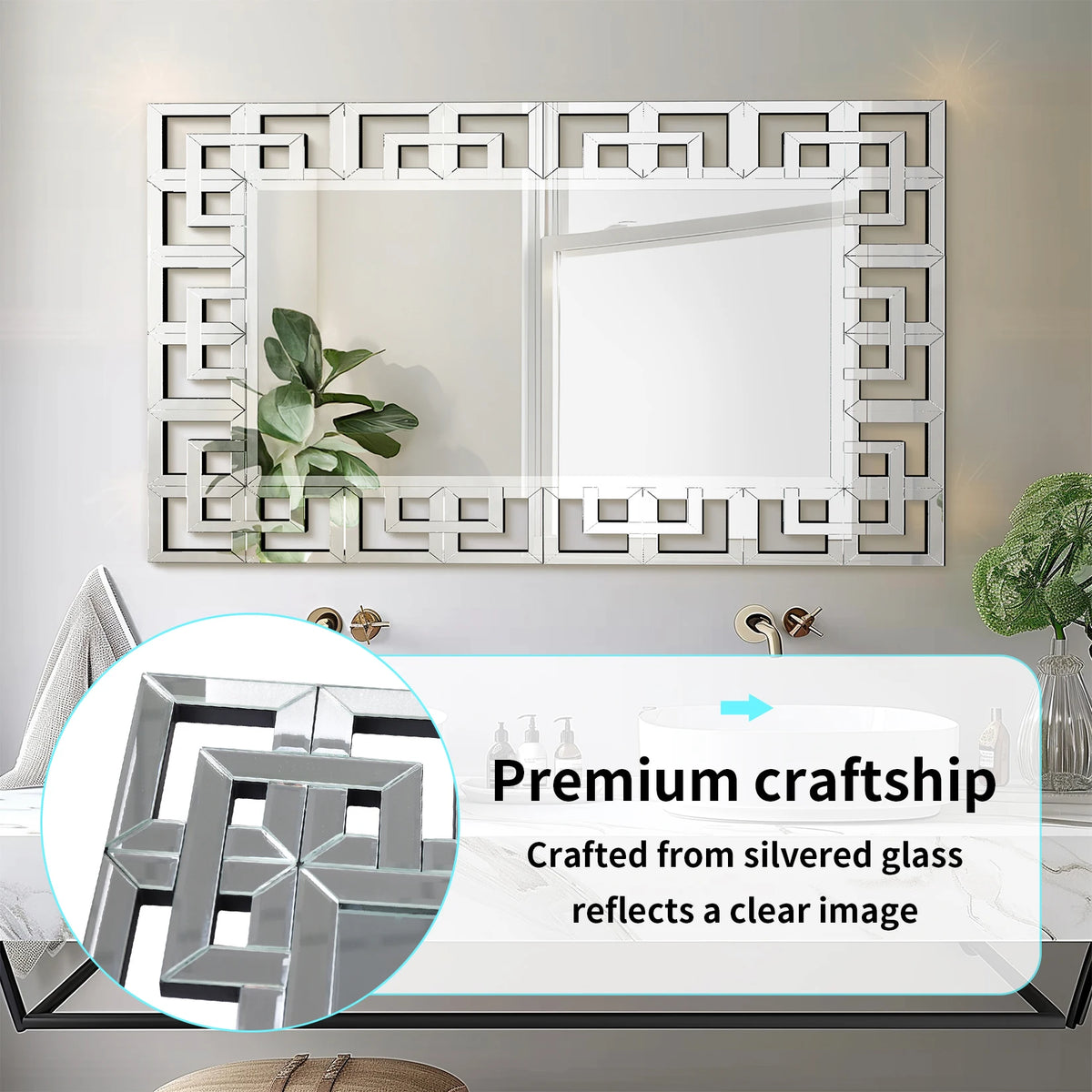 Venetian Style Rectangle Silver Art Mirror With Beveled Glass Edge
