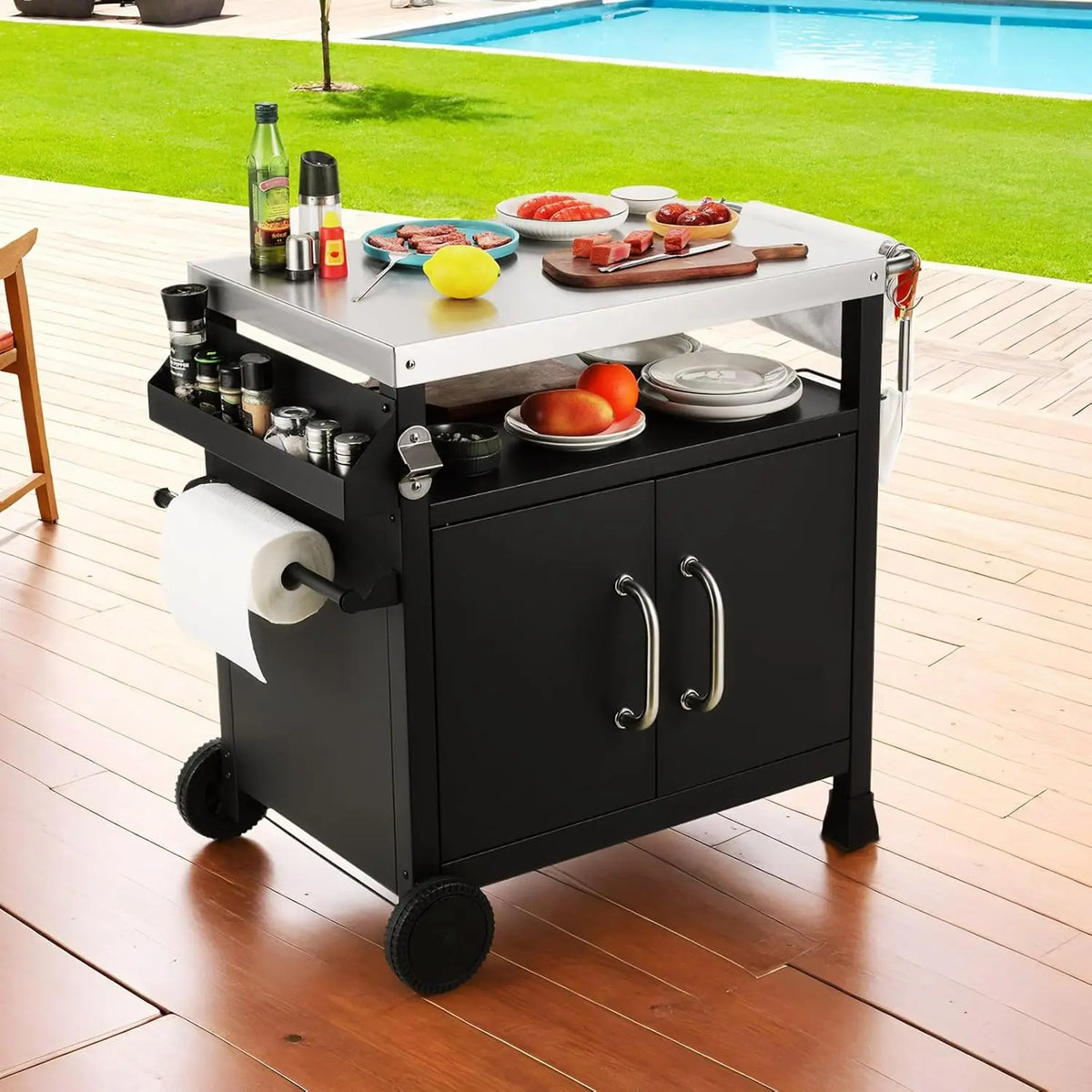 Outdoor Grill Cart Table With Stainless Steel Top For Prep
