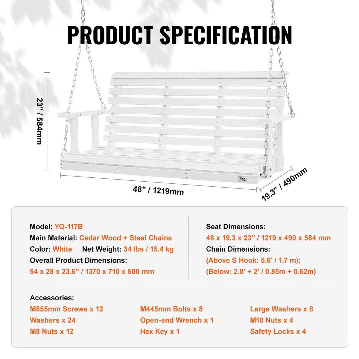 SucceBuy Cedar Wood Porch Swing Outdoor Bench With Steel Chains
