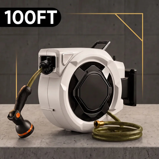 SUNPOW Retractable Garden Hose Reel,5/8in×100FT Wall‑Mount Heavy‑Duty Reel,Any Length Lock,Pulley Guide Rail System,Leak‑Proof 3/4in Brass Fitting,10‑Function Spray Nozzle,180° Swivel Bracket,Auto Rewind for Garden
