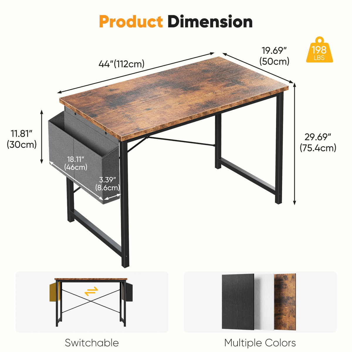 JHK Computer Desk With Storage Bag Metal Frame Wood Tabletop