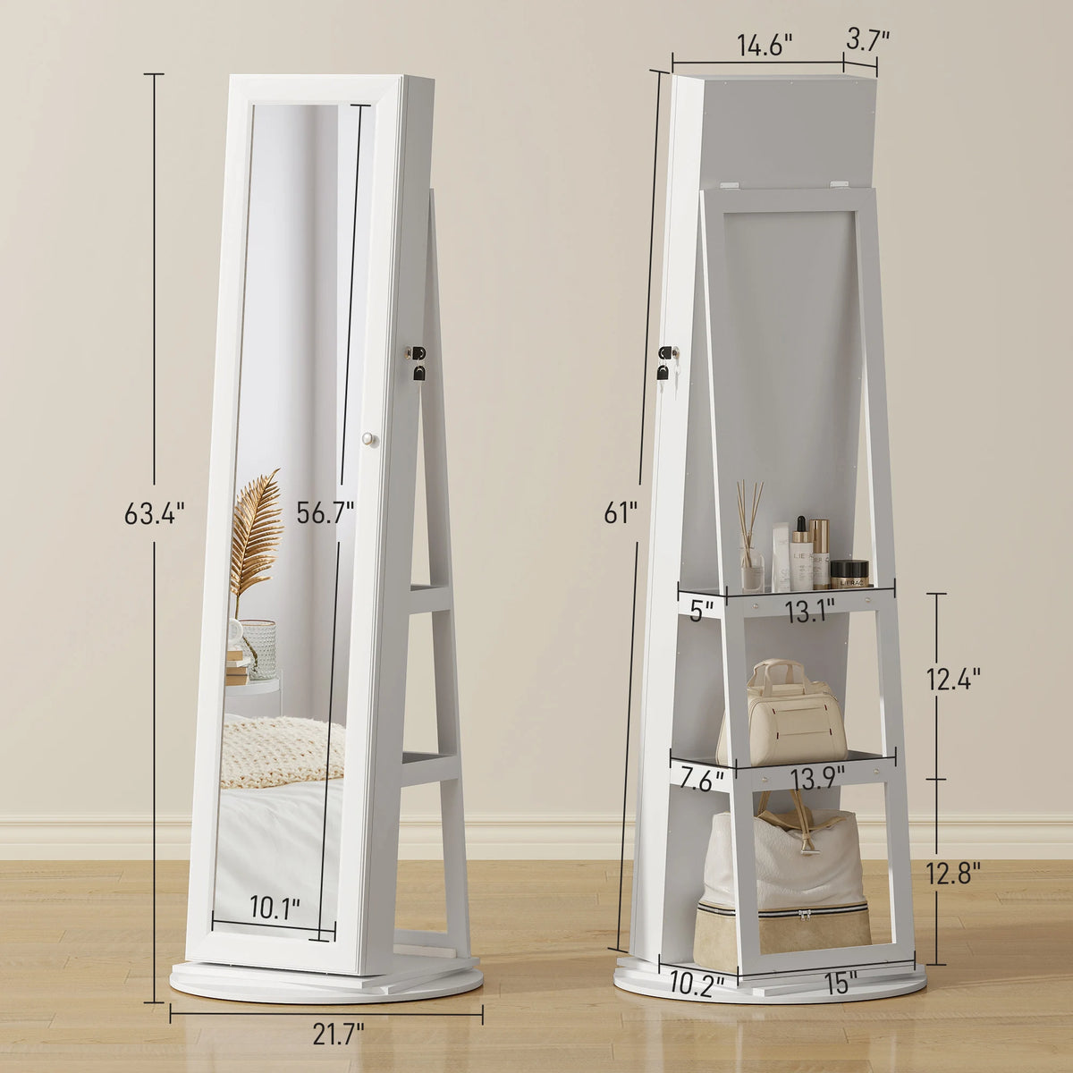 360 Degree Swivel Jewelry Cabinet Armoire With Lockable Full Length Mirror