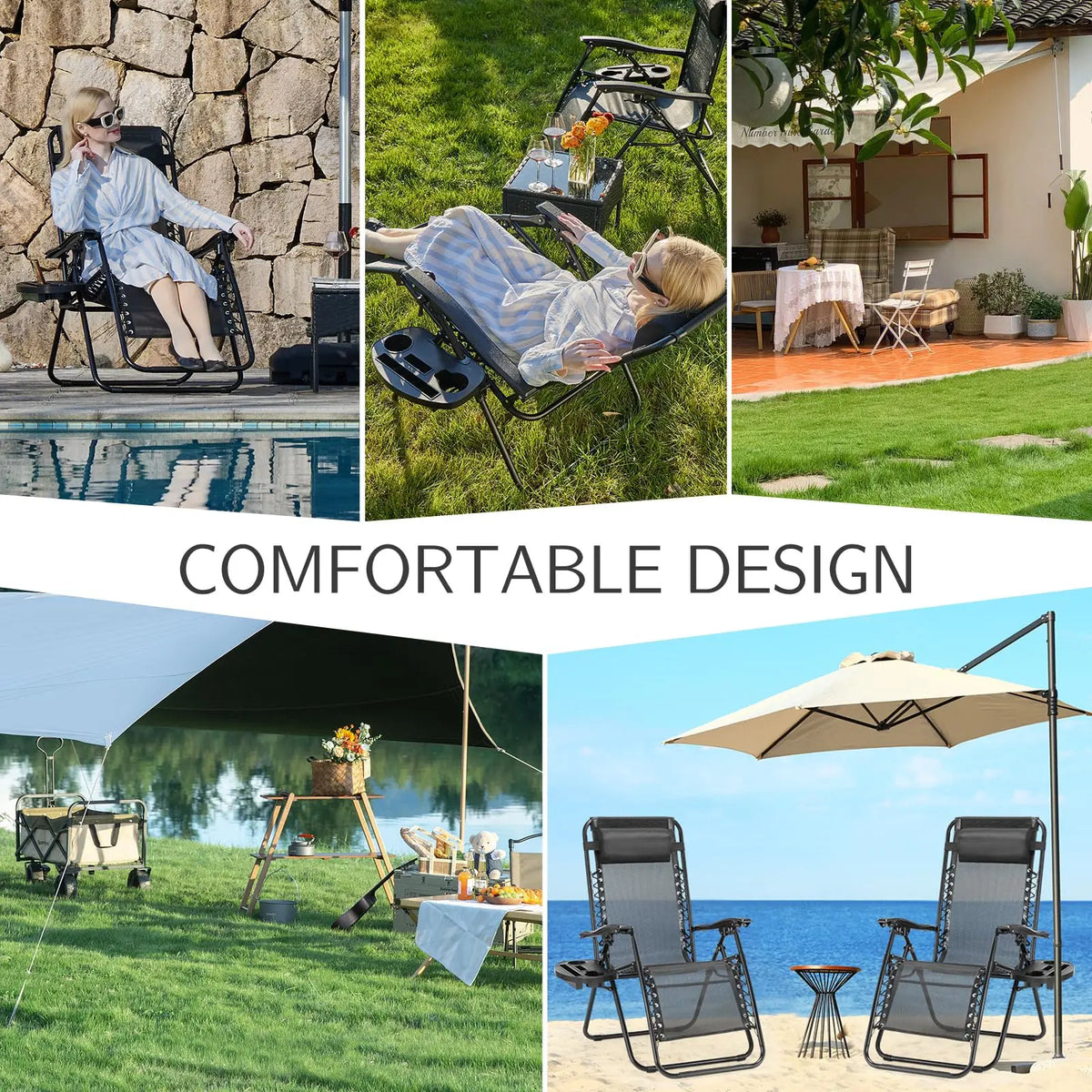 JHK Portable Zero Gravity Recliner Chairs Set Of 2 With Cup Holders Outdoor