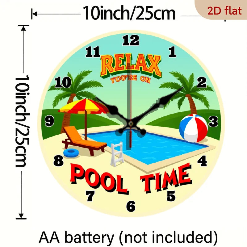 Wooden Wall Clock Tropical Beach Theme Silent Non Ticking Pool Party Decor
