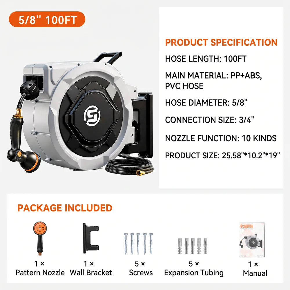 SUNPOW Retractable Garden Hose Reel,5/8in×100FT Wall‑Mount Heavy‑Duty Reel,Any Length Lock,Pulley Guide Rail System,Leak‑Proof 3/4in Brass Fitting,10‑Function Spray Nozzle,180° Swivel Bracket,Auto Rewind for Garden
