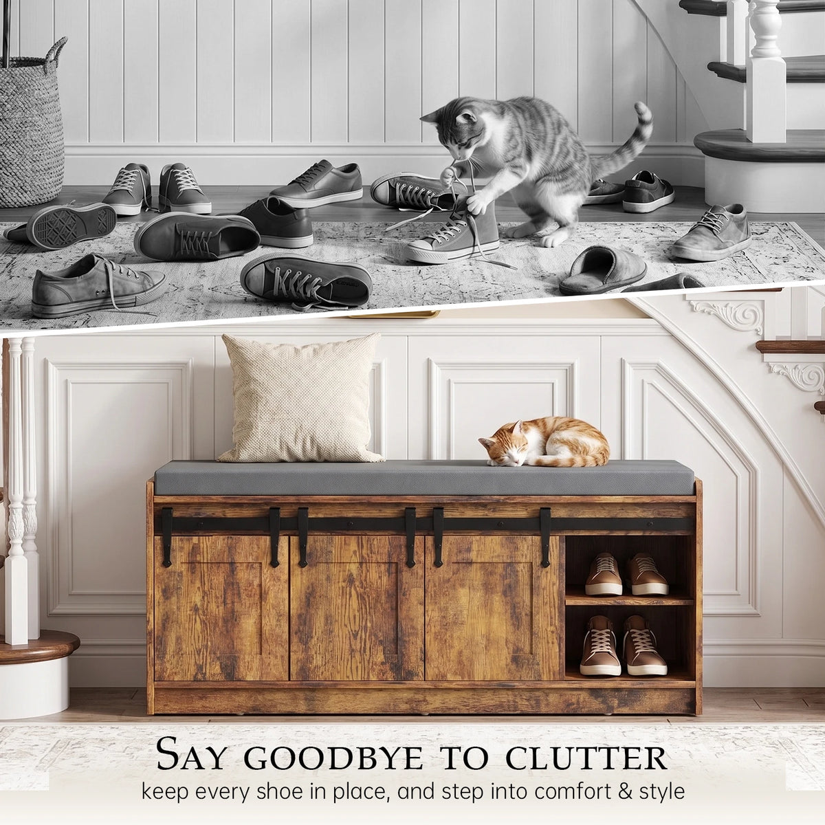 TinyNest Shoe Storage Bench With Linen Cushion Entryway Cabinet
