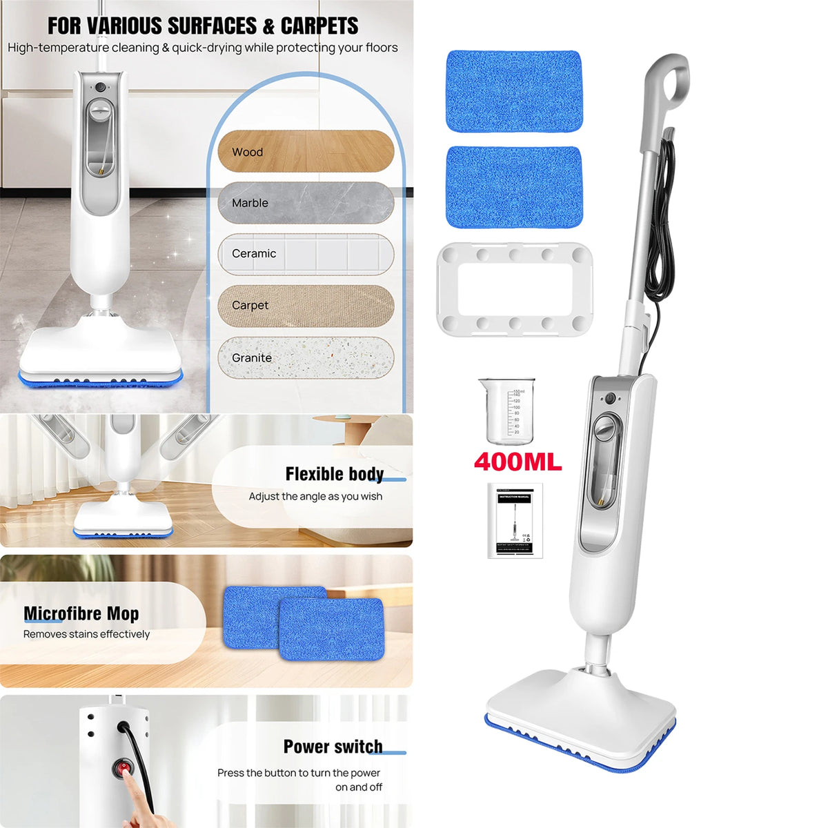 Briefness 1500W Steam Mop Cleaner Removes Bacteria Hardwood Tile Floors