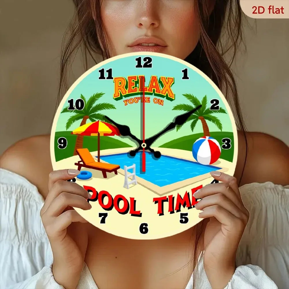 Wooden Wall Clock Tropical Beach Theme Silent Non Ticking Pool Party Decor