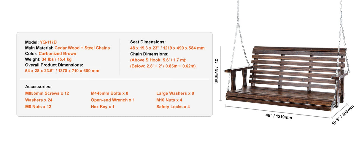 SucceBuy Cedar Wood Porch Swing Outdoor Bench With Steel Chains