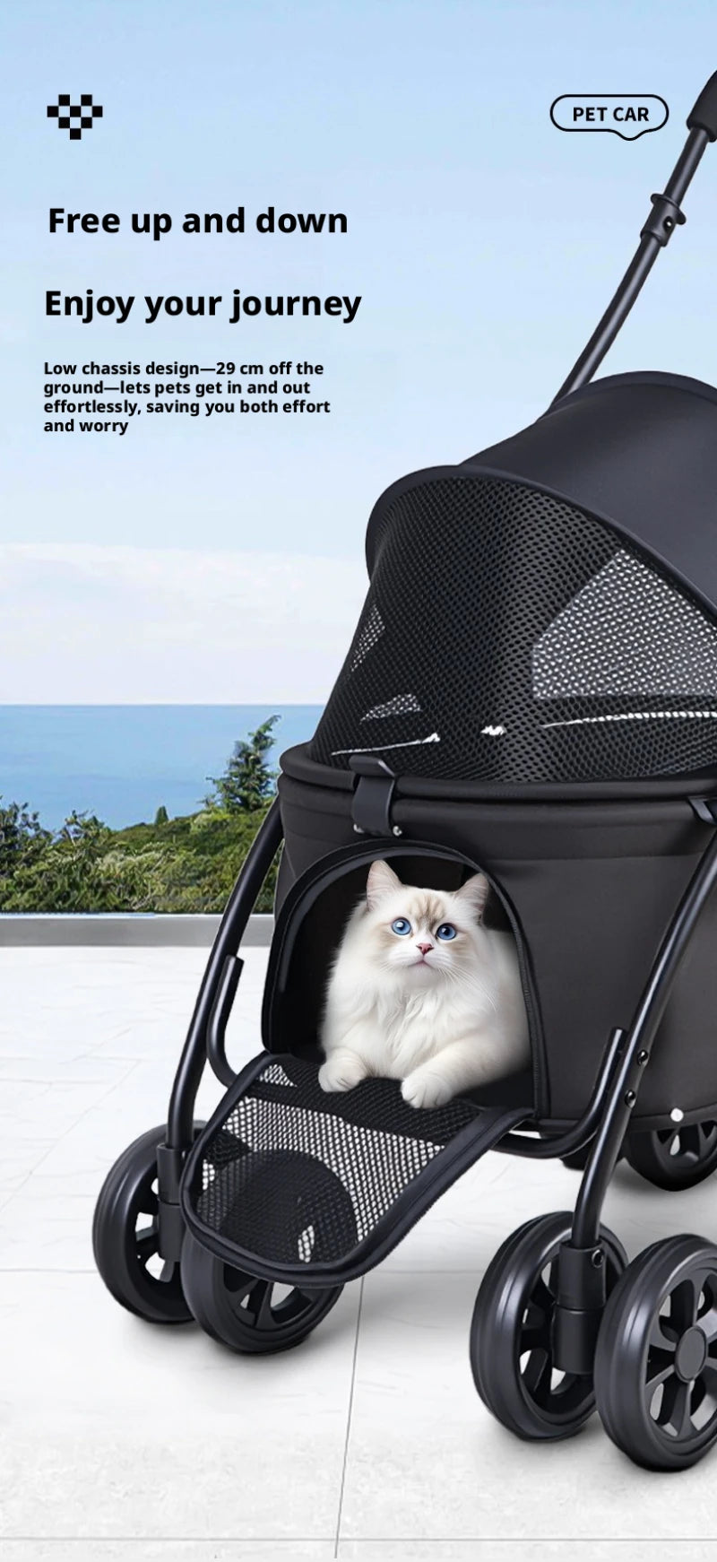 4-Wheel Foldable Pet Stroller with Low 19cm Chassis, Shock-Absorbing 360° Swivel Wheels, Breathable Mesh Windows & Storage Pocket, One-Click Folding Travel Cart for Small Medium Dogs & Cats