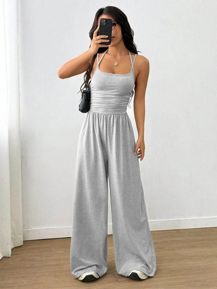 Women's Polyester Solid Square Neck Ruched Waist Wide Leg Jumpsuit