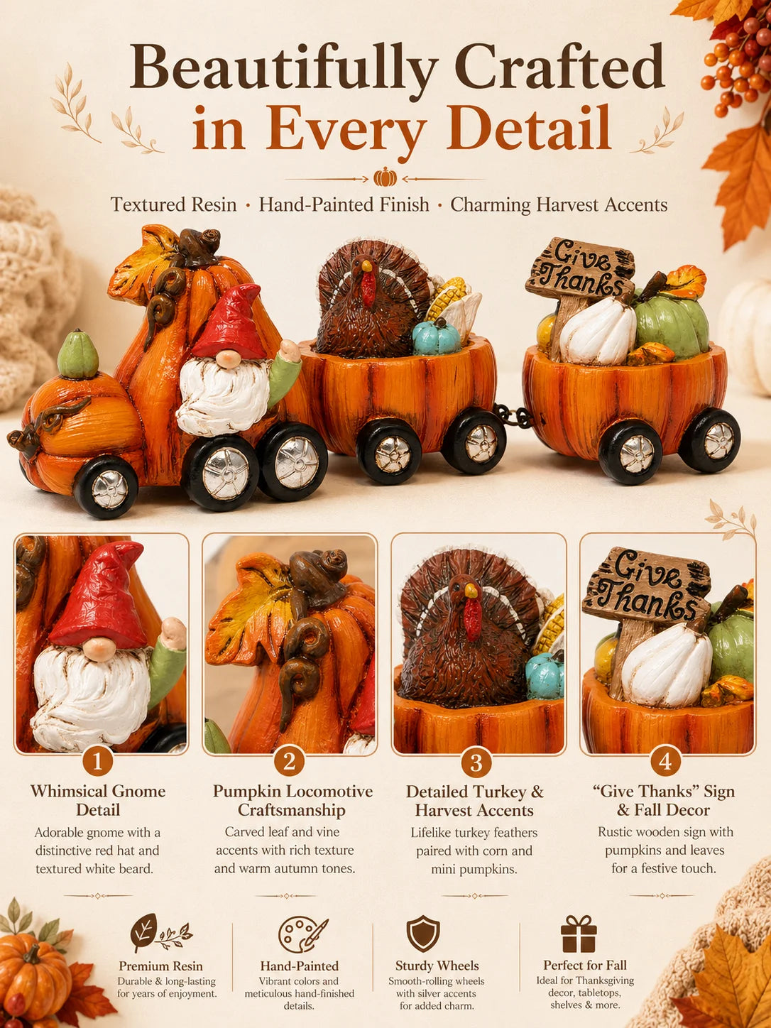 Hodao Resin Thanksgiving Pumpkin Train Figurine With Gnome And Turkey