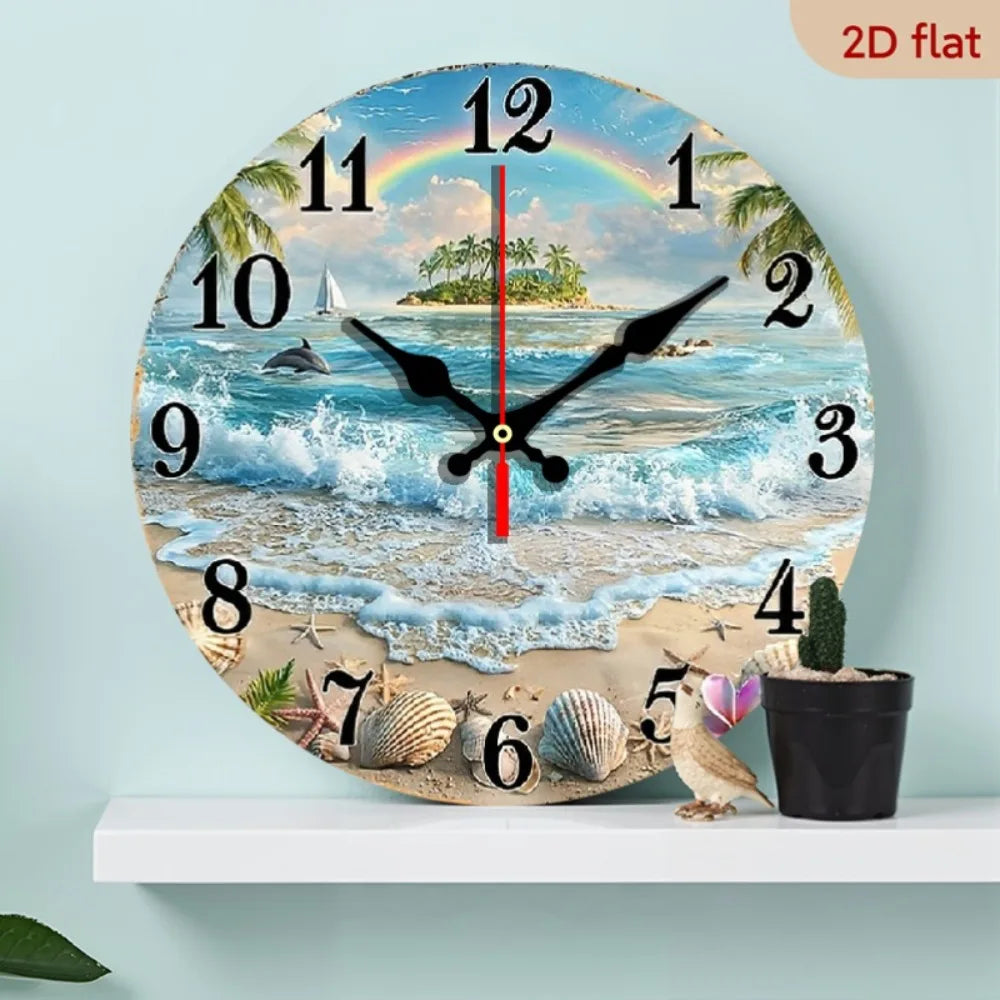 Tropical Beach Ocean Wooden Wall Clock With Rainbow Dolphins Seashells