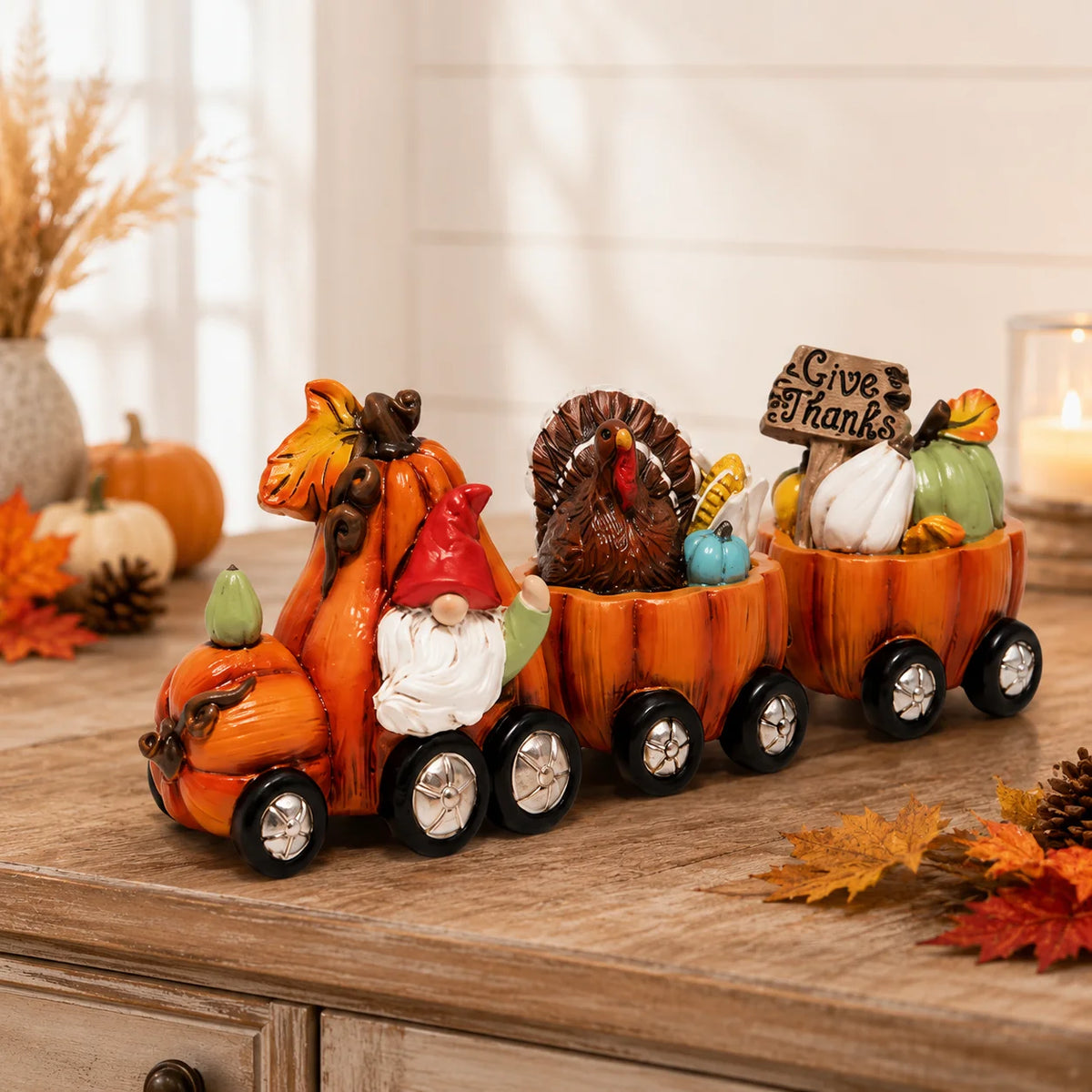 Hodao Resin Thanksgiving Pumpkin Train Figurine With Gnome And Turkey