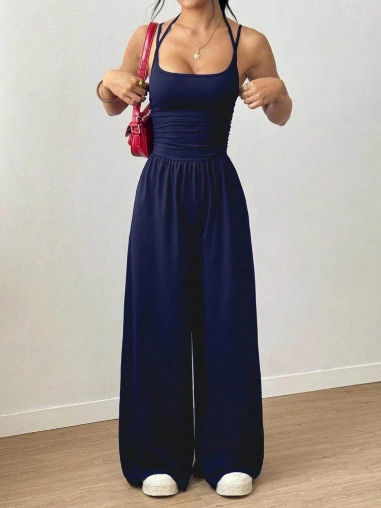 Women's Polyester Solid Square Neck Ruched Waist Wide Leg Jumpsuit