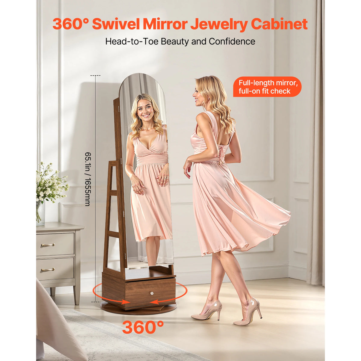 SucceBuy 360 Degree Swivel Jewelry Cabinet With Lockable Mirror Armoire
