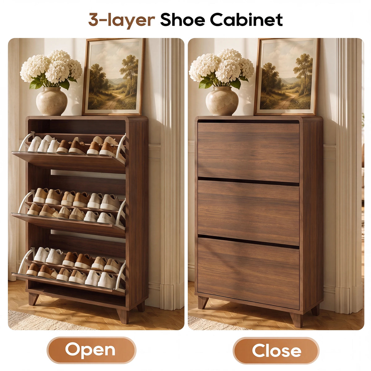 TCGBKAF Freestanding Slim Shoe Storage Cabinet Narrow Shoe Organizer with 3 Flip Drawers Adjustable Removable Shelves & Top Display Shelf Entryway Hallway Shoe Cabinet