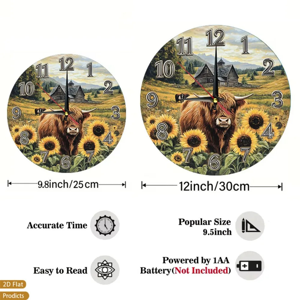 Wood Batter Scottish Highland Cow And Sunflower Wall Clock